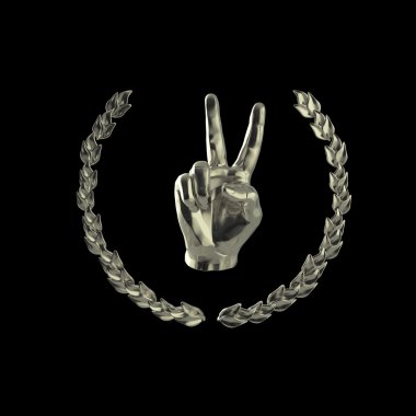 insan eli zafer ya da barış hareketi, altın defne çelengi, siyah arka plan işleme üzerinde izole çevrili gösterilen