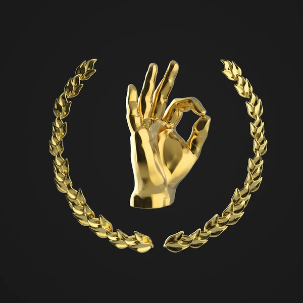 Mano humana de metal que muestra gesto OK, rodeado de corona de laurel dorado, aislado en la representación de fondo negro — Foto de Stock