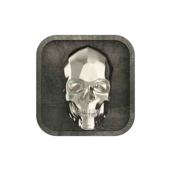 거친 둥근된 사각형 응용 프로그램 아이콘에 빛나는 금속 두개골. — 스톡 사진
