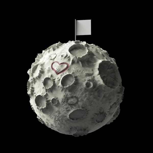Lune avec cratères coeur rayé surface et drapeau blanc sur le dessus. rendu de haute qualité. Isolé . — Photo