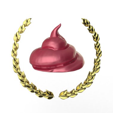 Glossy piece of shit surrounded with golden laurel wreath isolated on dark background badge