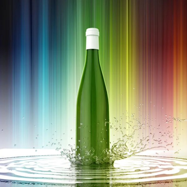 Vino bottiglia vuota senza etichetta su sfondo colorato spruzzi d'acqua — Foto Stock