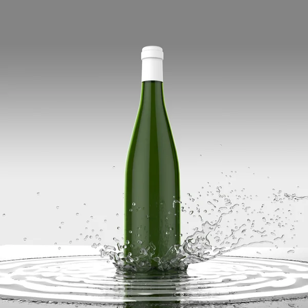 Vino bottiglia vuota senza etichetta su sfondo colorato spruzzi d'acqua — Foto Stock