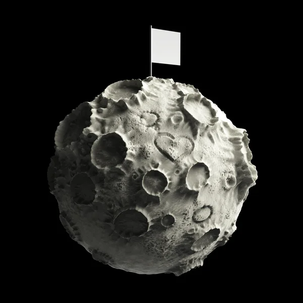 Lune avec cratères coeur rayé surface et drapeau blanc sur le dessus. rendu de haute qualité. Isolé . — Photo