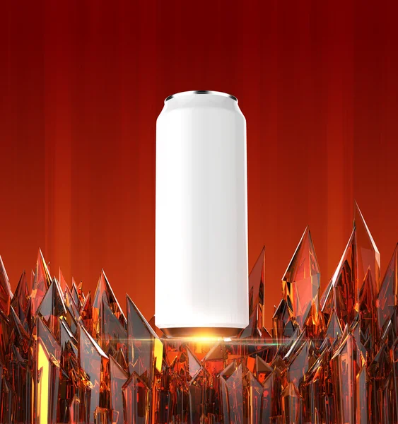 Blank white beer can mock-up on shiny fed fire looking crystal base render — Stockfoto