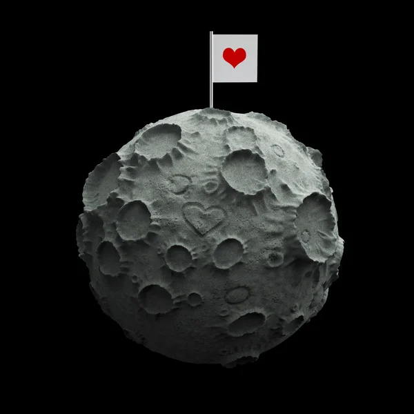 Moon with craters heart scratched surface and blank flag on top. High quality rendering. Isolated. — Stock Photo, Image