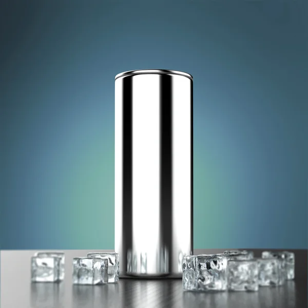 Bebida de energia branca em branco pode mock-up com cubos de gelo respingo de água render — Fotografia de Stock