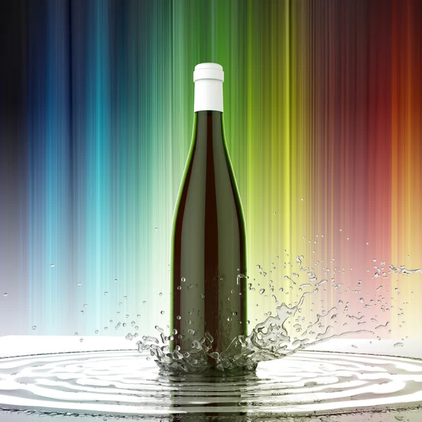 Vino bottiglia vuota senza etichetta su sfondo colorato spruzzi d'acqua — Foto Stock