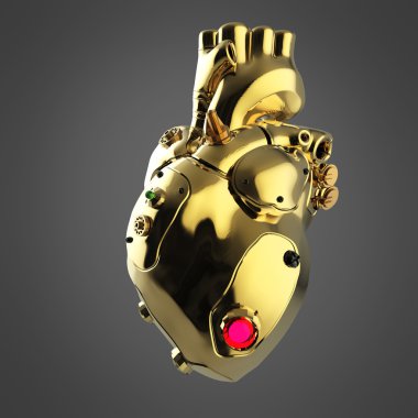 Parlak altın cyborg techno kalp parlak altın ayrıntıları ve renkli cam göstergeleri ile