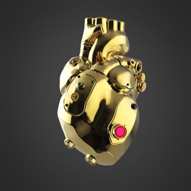 Parlak altın cyborg techno kalp parlak altın ayrıntıları ve renkli cam göstergeleri ile