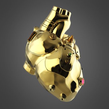 Parlak altın cyborg techno kalp parlak altın ayrıntıları ve renkli cam göstergeleri ile