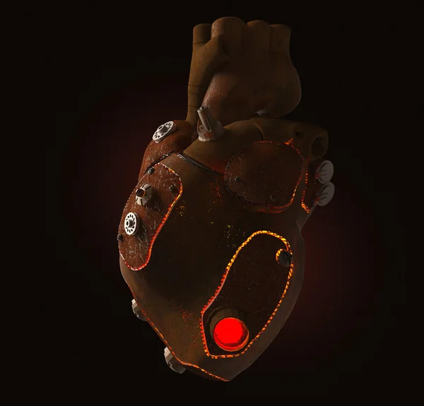 Rouillé steampunk metal techno coeur humain, brûlant de l'intérieur, isolé — Photo