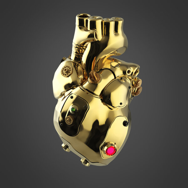 Shiny golden cyborg techno heart with shiny golden details and colored glass indicators