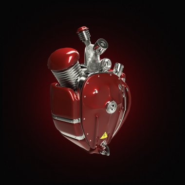 Dizel punk robot techno kalp. Borular, radyatör ve parlak kırmızı metal başlık bölümleri ile motoru. izole