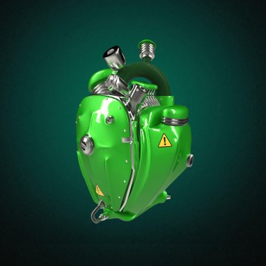 Diesel punk robot techno heart. engine with pipes, radiators and glossy green metal hood parts.  isolated