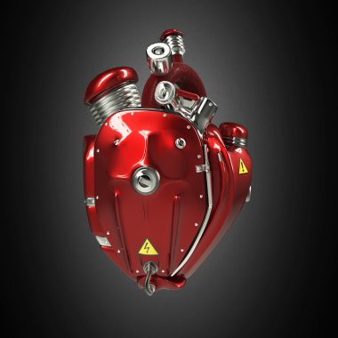 Dizel punk robot techno kalp. Borular, radyatör ve parlak kırmızı metal başlık bölümleri ile motoru. izole