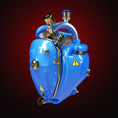 Dizel punk robot techno kalp. Borular, radyatör ve parlak mavi metal başlık bölümleri ile motoru. izole