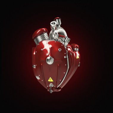 Dizel punk robot techno kalp. Borular, radyatör ve parlak kırmızı metal başlık bölümleri ile motoru. izole