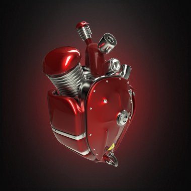 Dizel punk robot techno kalp. Borular, radyatör ve parlak kırmızı metal başlık bölümleri ile motoru. izole
