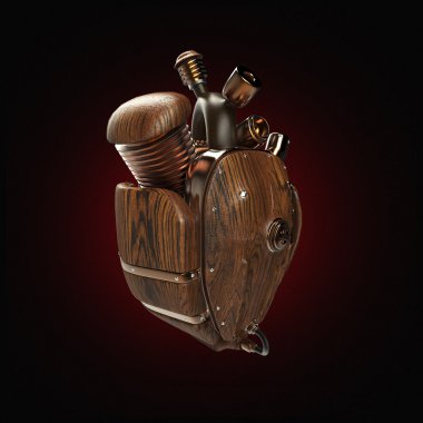 Steampunk mecha robot techno heart. engine with pipes, radiators and wooden hood parts.  isolated