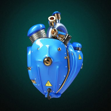 Dizel punk robot techno kalp. Borular, radyatör ve parlak mavi metal başlık bölümleri ile motoru. izole