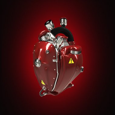 Dizel punk robot techno kalp. Borular, radyatör ve parlak kırmızı metal başlık bölümleri ile motoru. izole