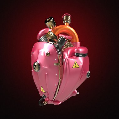 Dizel punk robot techno kalp. borular, radyatörler ve parlak pembe metalik başlık parçaları izole ile motor