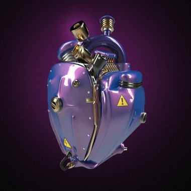 Dizel punk robot techno kalp. Borular, radyatör ve parlak mor Metalik araba boya metal hood parçaları ile motor. izole