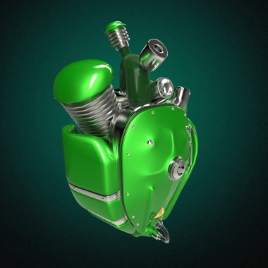 Diesel punk robot techno heart. engine with pipes, radiators and glossy green metal hood parts.  isolated