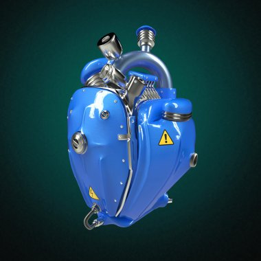 Dizel punk robot techno kalp. Borular, radyatör ve parlak mavi metal başlık bölümleri ile motoru. izole
