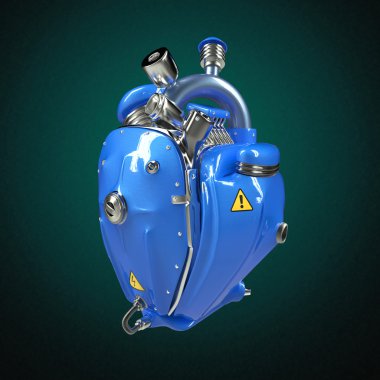 Diesel punk robot techno heart. engine with pipes, radiators and glossy blue metal hood parts. isolated clipart