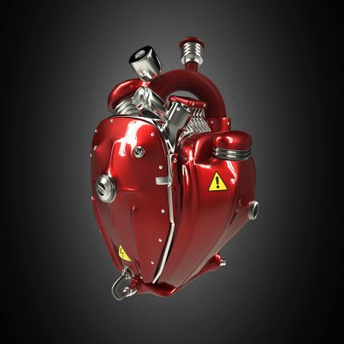 Dizel punk robot techno kalp. Borular, radyatör ve parlak kırmızı metal başlık bölümleri ile motoru. izole