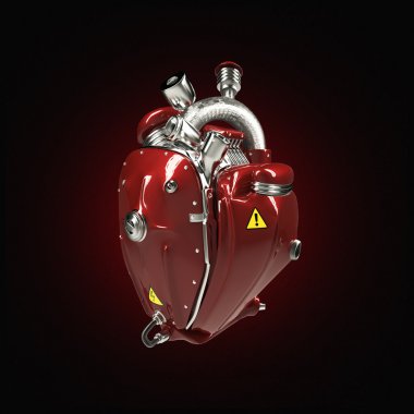 Dizel punk robot techno kalp. Borular, radyatör ve parlak kırmızı metal başlık bölümleri ile motoru. izole