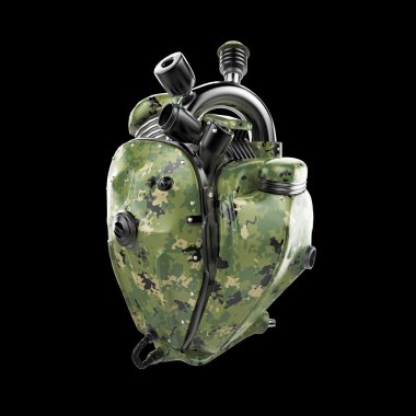 Diesel punk military robot techno heart. engine with pipes, radiators and camouflage metal hood parts.  isolated