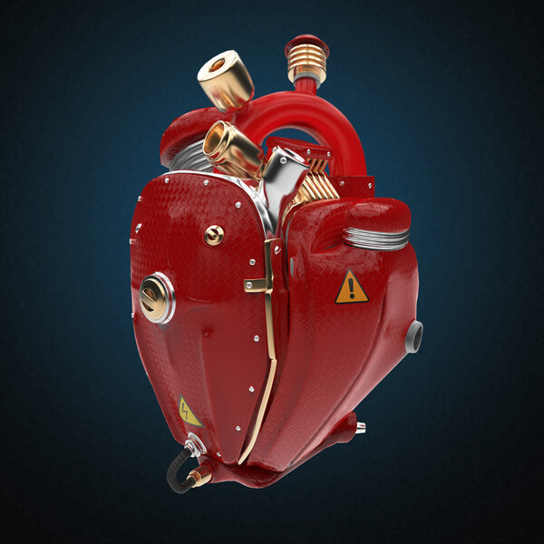 Diesel punk robot techno heart. engine with pipes, radiators and glossy red carbon hood parts.  isolated