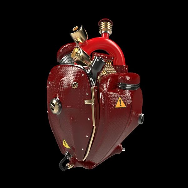 Diesel punk robot techno heart. engine with pipes, radiators and glossy red carbon hood parts.  isolated