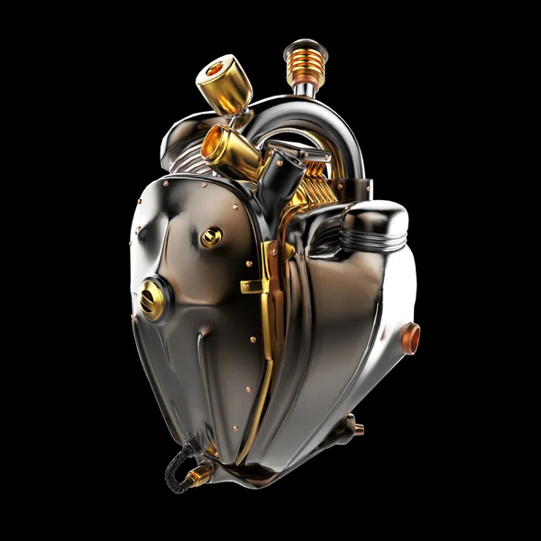 Diesel punk robot techno heart. engine with pipes, radiators and glossy dark bronze metal hood parts. isolated — Stock Photo, Image