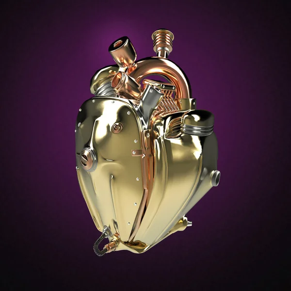 Dizel punk robot techno kalp. Borular, radyatör ve parlak altın metal başlık bölümleri ile motoru. izole