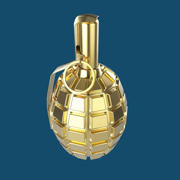 Golden glossy metal hand grenade isolated on red background  render — Stok fotoğraf