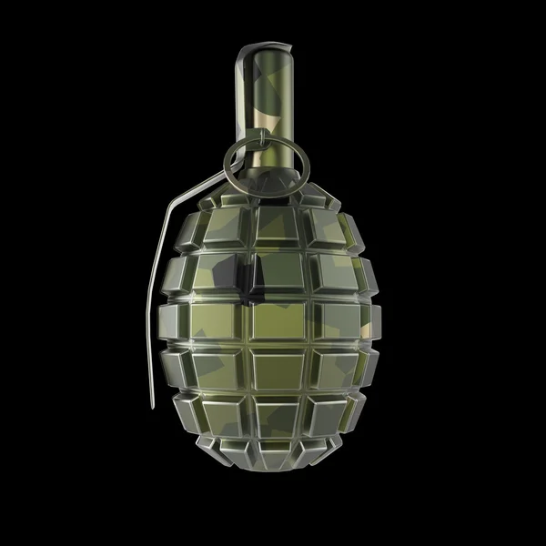 Dark green and black metal hand grenade isolated on red backgroundrender — ストック写真