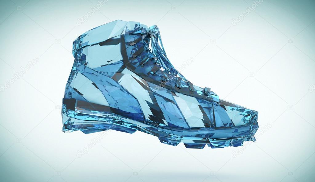 Colorful diamond sports shoes, low poly sneakers with hard edges and shiny faces. Sports fitness achievement metaphor. Isolated  rendering.
