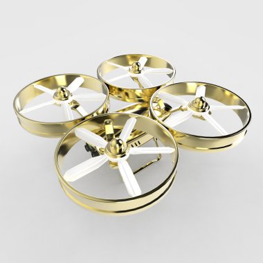 kamera ile bir altın quadrocopter dron, parlak pracious izole render metal.