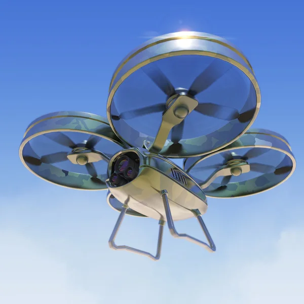 Un drone militare quadrocopter con fotocamera, vernice mimetica resa isolata — Foto Stock