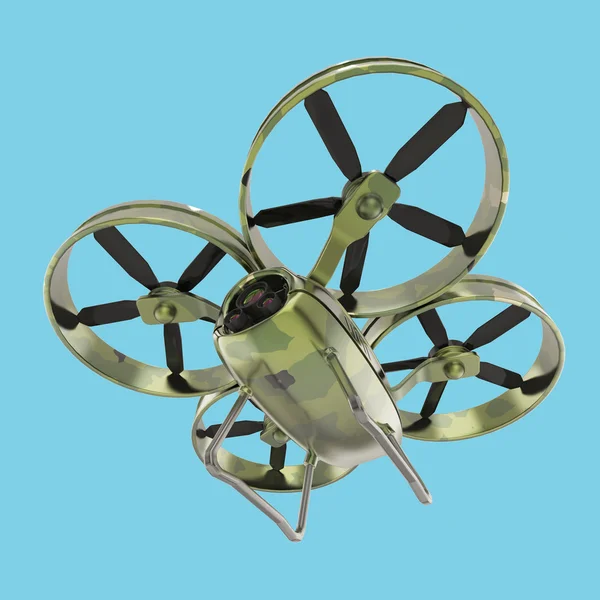 Un dron quadrocopter militar con cámara, pintura de camuflaje renderizado aislado —  Fotos de Stock