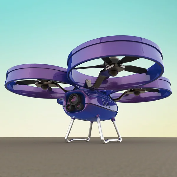 Un drone quadrocopter dorato con fotocamera, resa isolata in metallo pratico lucido — Foto Stock