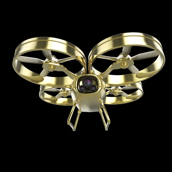 Kamera ile bir altın quadrocopter dron, parlak pracious izole render metal. — Stok fotoğraf