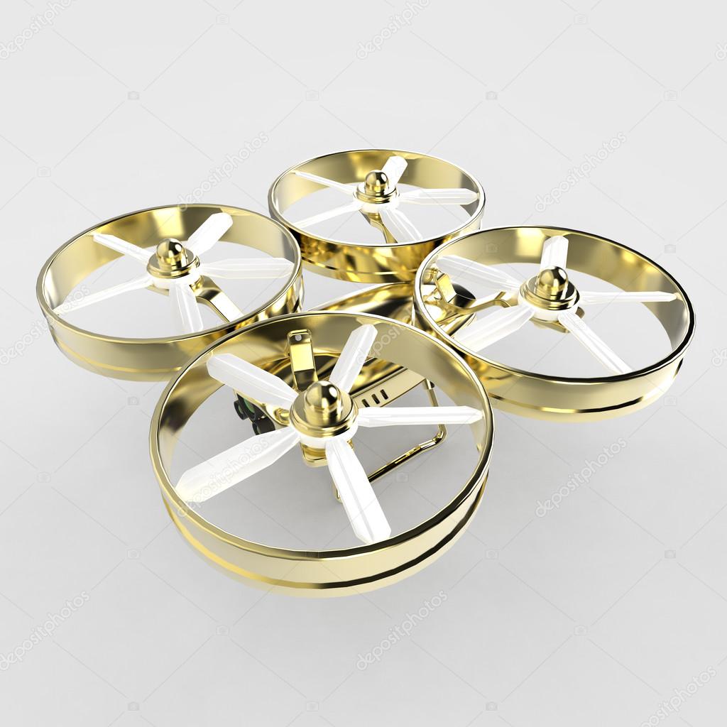 one golden quadrocopter drone with  camera, glossy pracious metal isolated render