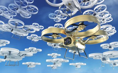 Beyaz ve gökyüzünde uçan bir altın önünde dört helikopter uçağı büyük sürüsü. Render