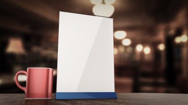 Kağıt akrilik tablo çadır kart mockup kitapçıklar beyaz yaprak için fincan kahve bulanık arka plan render ile ahşap stand