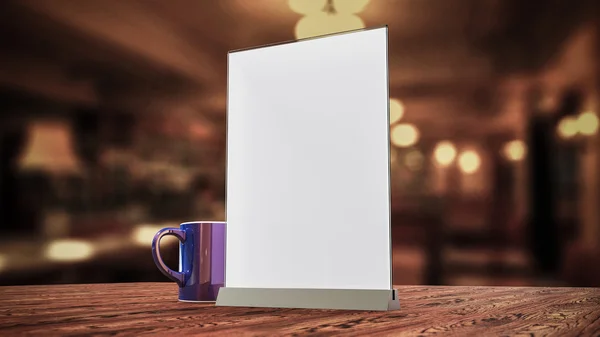 Supporto per libretti fogli bianchi di carta acrilico tavolo tenda carta mockup su legno con tazza di caffè sfondo sfocato rendere — Foto Stock